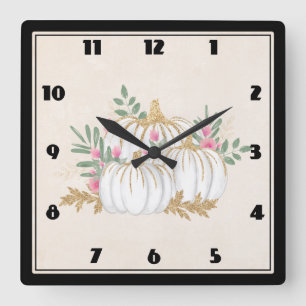 Carrée Aquarelle blanche et or Citrouille Grande horloge