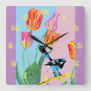 Carrée Aquarelle bleu Wren Oiseaux Enfants Horloge de la 