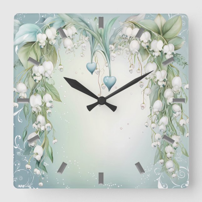 Carrée Aquarelle Lily de la Vallée Mur Horloge (Recto)
