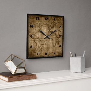 Carrée Carte du vieux monde - Horloge personnalisée