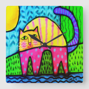 Carrée Chat funky Abstrait peinture grande horloge