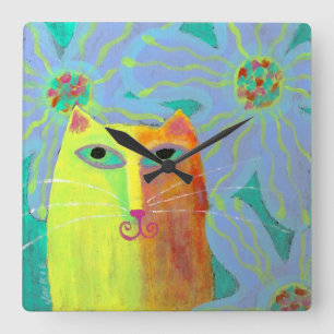 Carrée Chat Jaune avec Fleurs Arte Abstraite Horloge rond