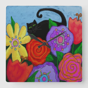 Carrée Chat noir dans le jardin Horloge ronde d'art Abstr