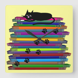 Carrée Chat noir lunatique et horloge de livres