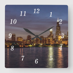 Carrée Chicago Cityscape Nuit Nouveau Mur Horloge