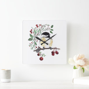 Carrée Chickadee Aquarelle Oiseau Art Carré Horloge mural