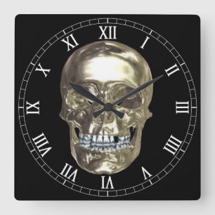 Carrée Chrome Crâne Carré chiffres romains Horloge