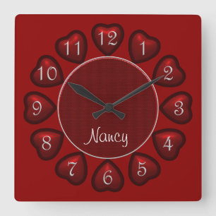 Carrée Coeurs gonflés Horloge Carré rouge