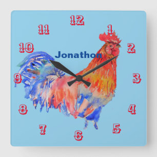 Carrée Coq Aquarelle Poulet Enfants Horloge de la chambre