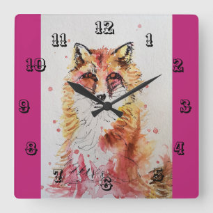 Carrée Cute Red Fox Aquarelle Enfants Chambre Horloge