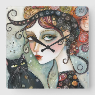 Carrée Élégante horloge femme et chat
