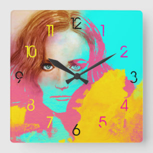 Carrée Femme Abstraite de pop colorée, horloge Carré