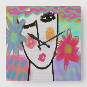 Carrée Femme aux fleurs Funky Art Abstrait Grande horloge