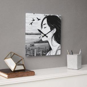 Carrée femme observant un oiseau à yeux fermés horloge mu