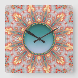 Carrée Feu solaire Fractures Orange Turquoise Horloge mur