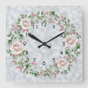 Carrée Feuilles verts rose sur Mur bleu clair horloge