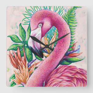 Carrée Flamant rose Floral Hawaiian Funny mignon Horloge 