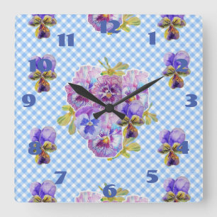 Carrée Horloge à carreaux floraux de pensées bleues Shabb