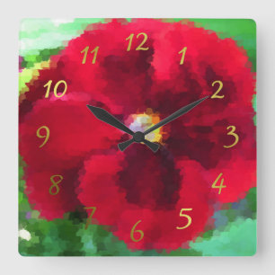 Carrée horloge à fleurs rouges peinte