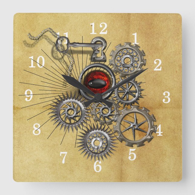 Carrée Horloge à mur de travail Quirky Steam Punk (Recto)