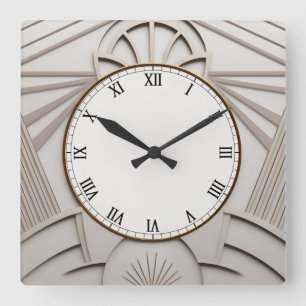 Carrée Horloge Art Déco Beige - Lignes Abstraites Élégant