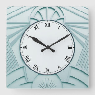 Carrée Horloge Art Déco Bleu Mint - Lignes Abstraites Élé