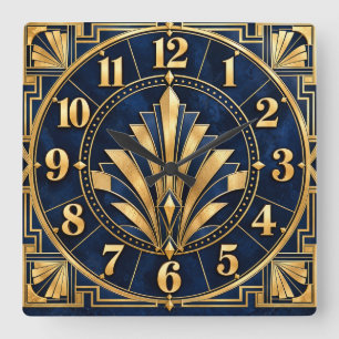Carrée Horloge Art Déco Bleu Nuit et Or Glamour
