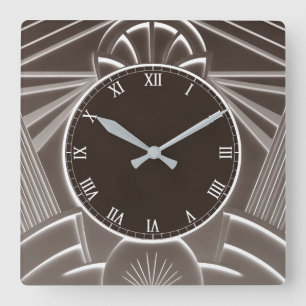 Carrée Horloge Art déco Brown foncé - Lignes Abstraites é