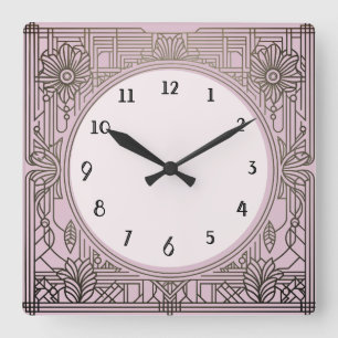 Carrée Horloge Art déco carré en rose