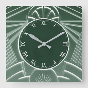 Carrée Horloge Art déco Vert foncé - Lignes Abstraites él