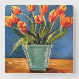 Carrée Horloge avec les tulipes oranges rouges