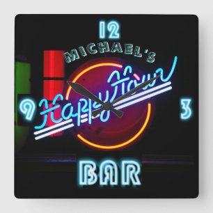 Carrée HORLOGE BARRE NEON Light Personnalisée Happy Hour 