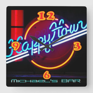 Carrée HORLOGE BARRE NEON Light Personnalisée Happy Hour