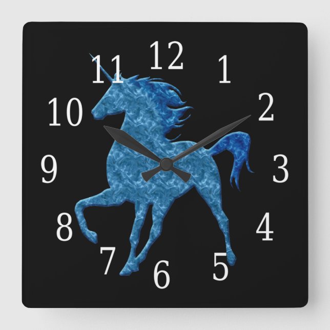 Carrée Horloge bleue de licorne du feu (Recto)