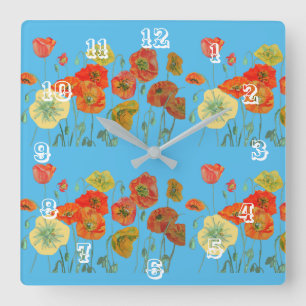 Carrée Horloge Bleue Pastel Aquarelle Orange Rouge Poppy