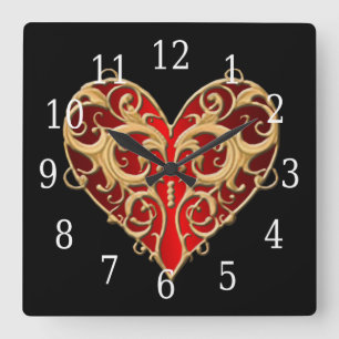 Carrée Horloge Cardiaque Rouge Filigree
