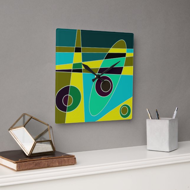 Carrée Horloge carré Abstraite surf Jaune Bleu Vert (Bureau)