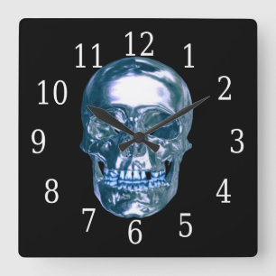 Carrée Horloge Carré du crâne bleu Chrome