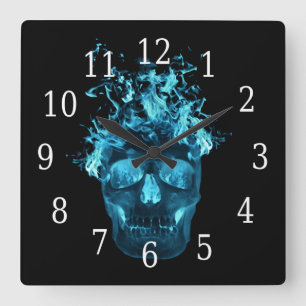 Carrée Horloge Carré du crâne bleu flamme