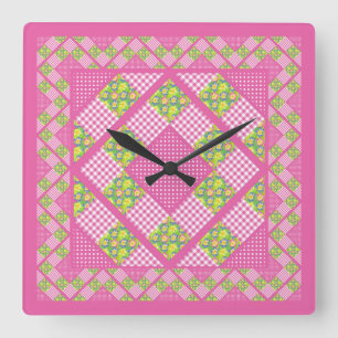 Carrée Horloge carré : Rose : Primroses, Pois, En vichy