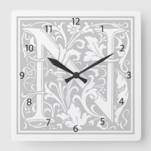 Carrée Horloge Carré William Morris Alphabet "N"