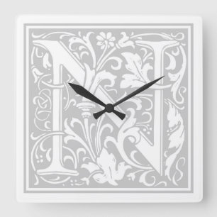Carrée Horloge Carré William Morris Alphabet "N"