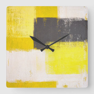 Carrée Horloge d'art Abstrait gris et jaune "Simply Moder