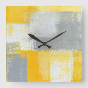 Carrée Horloge d'art Abstrait gris et jaune "sournois"
