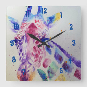 Carrée Horloge de chambre d'enfant animal aquarelle giraf