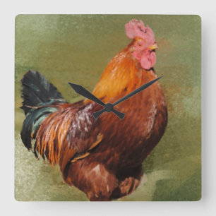 Carrée Horloge de cuisine de poulet peinte par huile