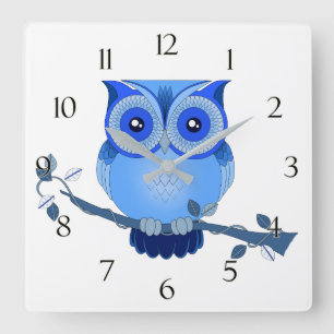 Carrée Horloge de la Chouette bleue avec des chiffres