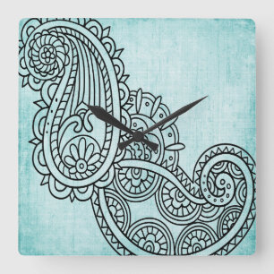 Carrée Horloge de motif de Mehndi de turquoise