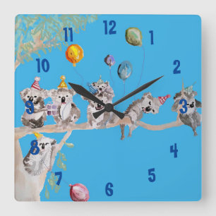 Carrée Horloge de nurserie enfantine bleue en aquarelle d
