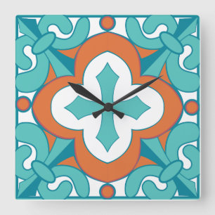 Carrée Horloge de tuile de Talavera - orange et turquoise